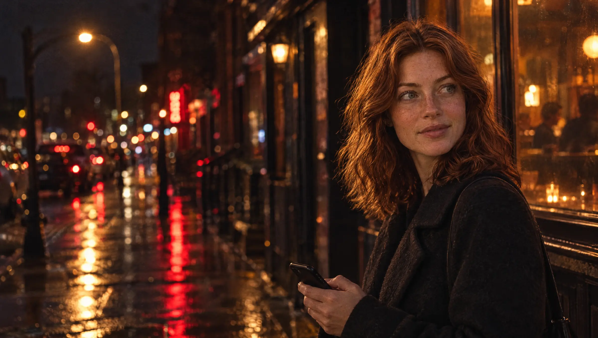 Emily outside a bar on a wet street at night, looking up the block