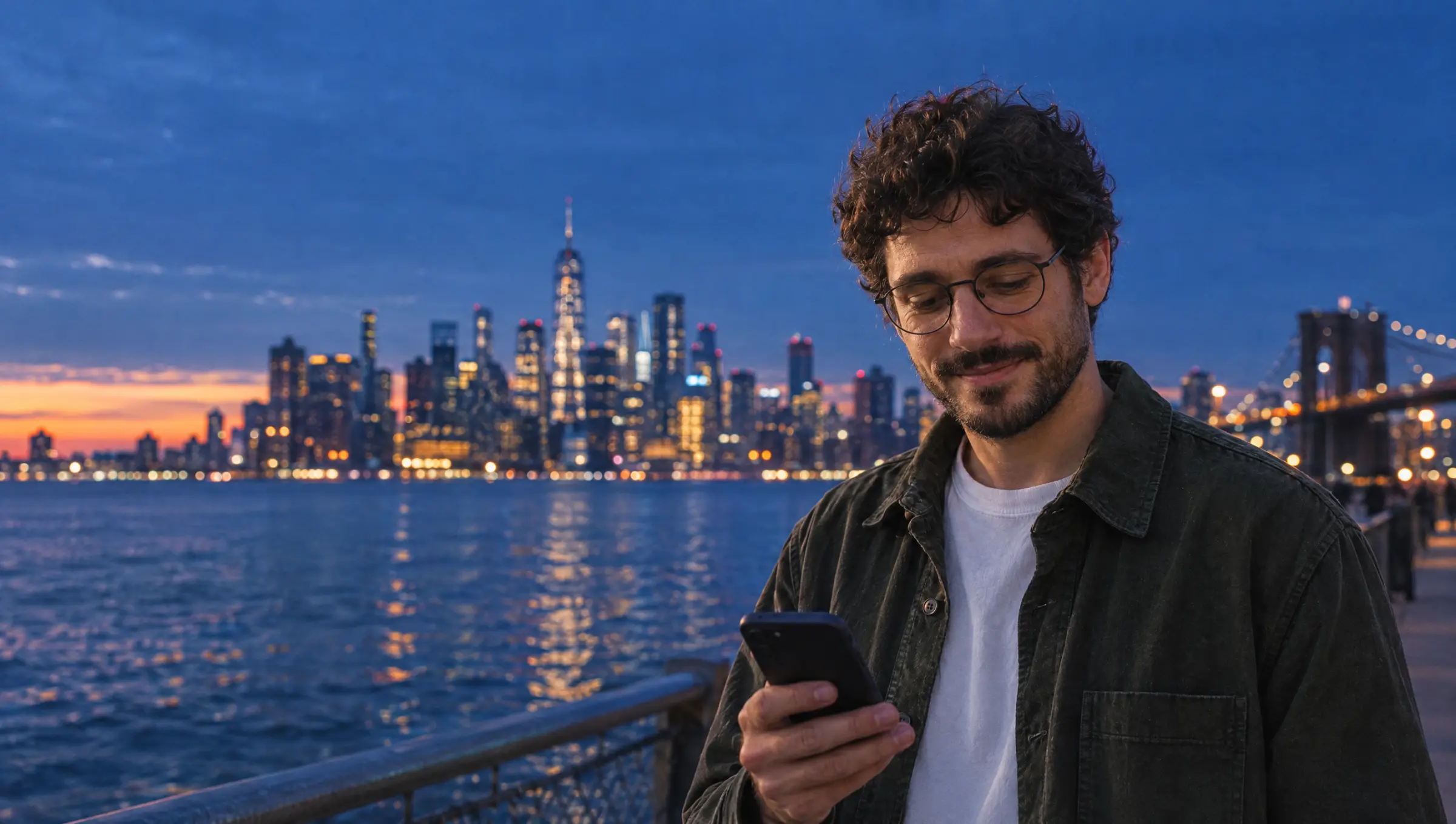 Sam on the waterfront at blue hour, reading his phone