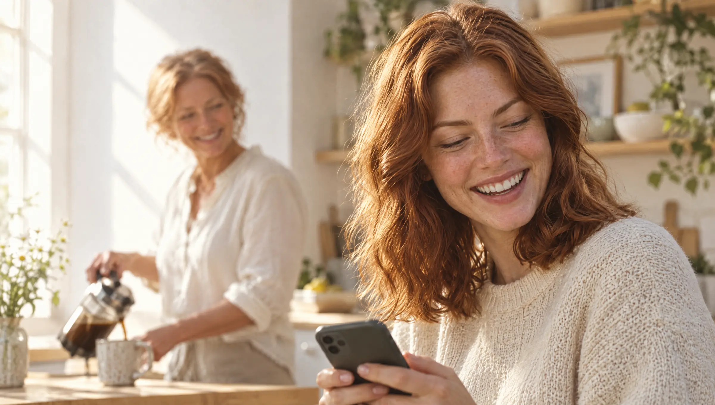 Emily laughing at her phone in her mother’s sunlit kitchen while her mother pours coffee