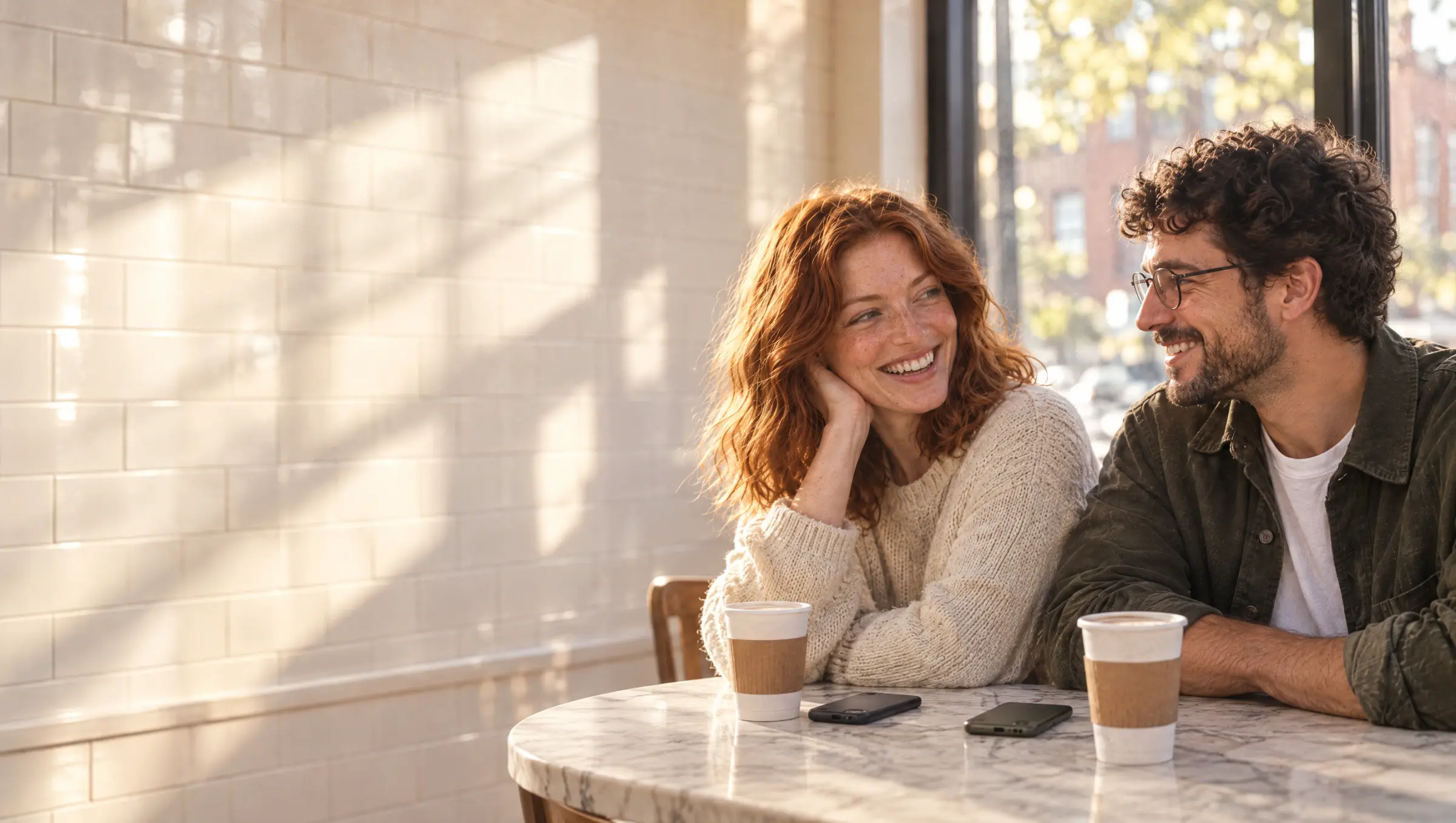Sam and Emily laughing together at a bagel shop table, their phones face down between the coffees